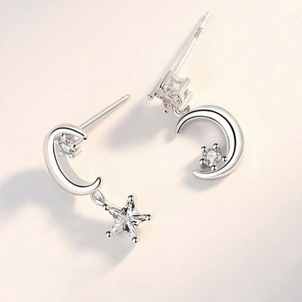 NEW 925 Silver White Sapphire Star & Moon Earrings